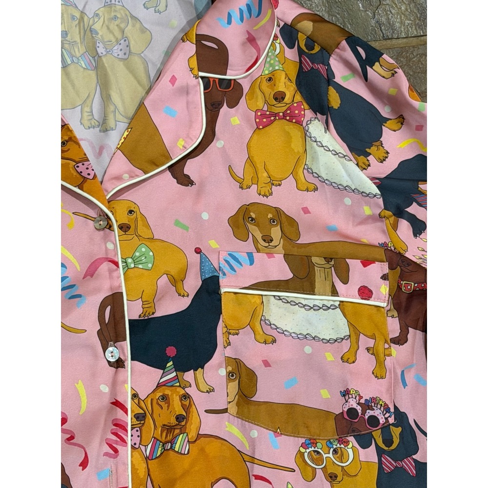 $135 Karen Mabon Hot Dog Birthday Satin Pajama Set Pink Dachshund Dog Print XL - Picture 9 of 12